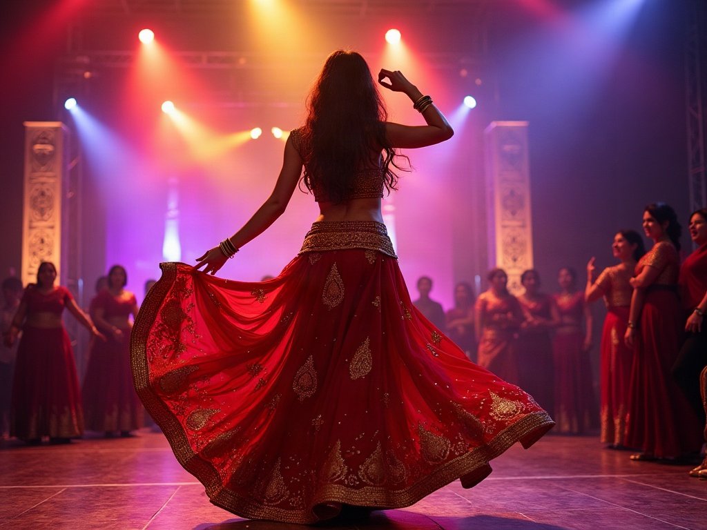 Bollywood dancer twirling in a red lehenga on stage Bollywood dancer twirling in a red lehenga on stage