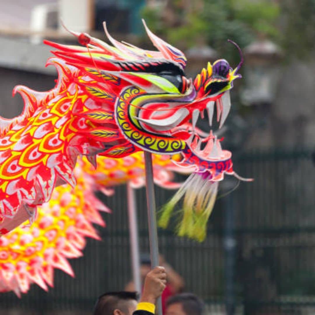 Close-up of a colourful Chinese dragon head in Southeast Asia