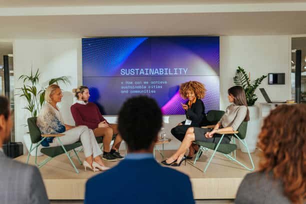 Panel discussion on a corporate stage in Southeast Asia