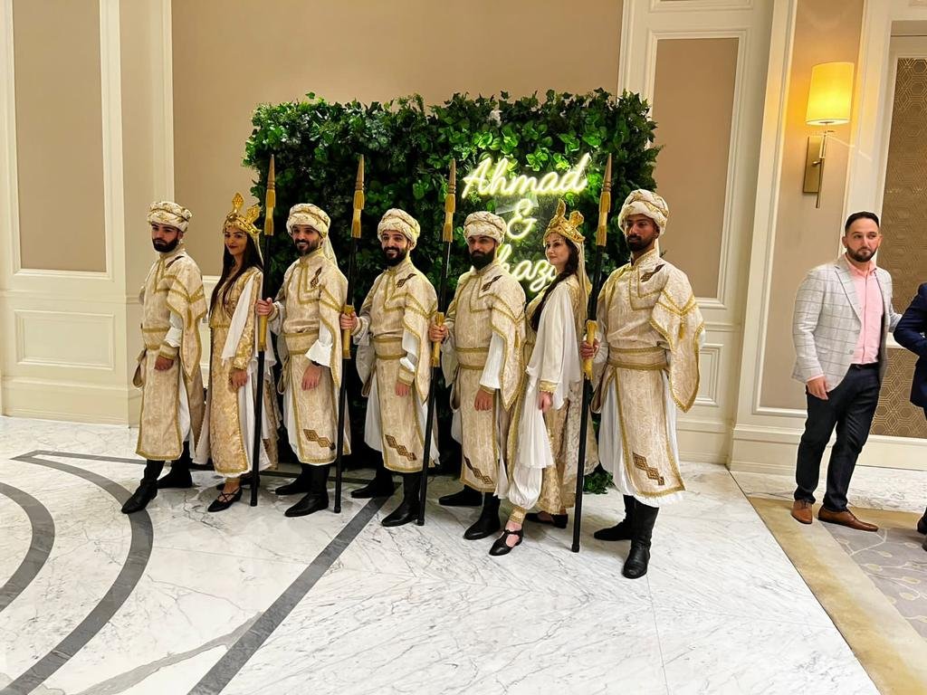 Dabke dancers welcoming guests at a hotel event Dabke dancers welcoming guests at a hotel event