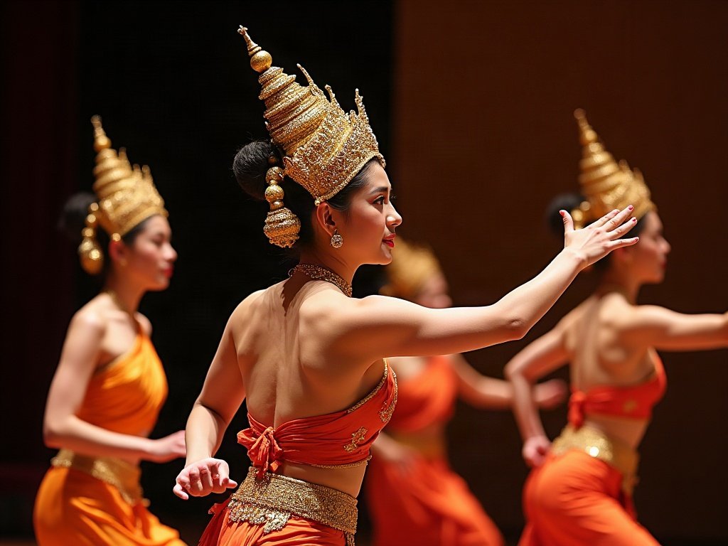 Thai classical dancers performing on stage in Southeast Asia