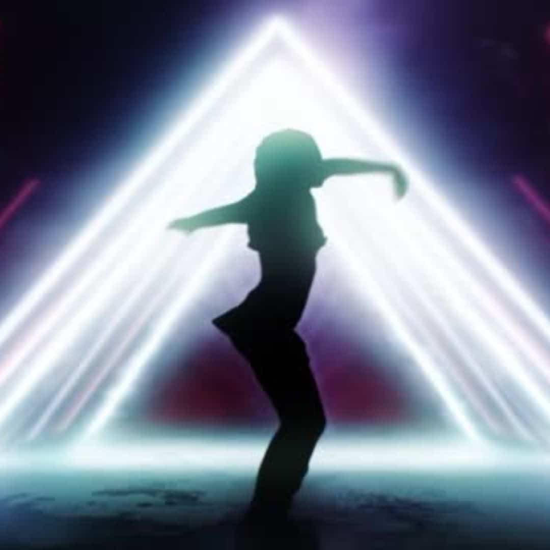 Dancer inside a 3D projection mapping triangle in Southeast Asia